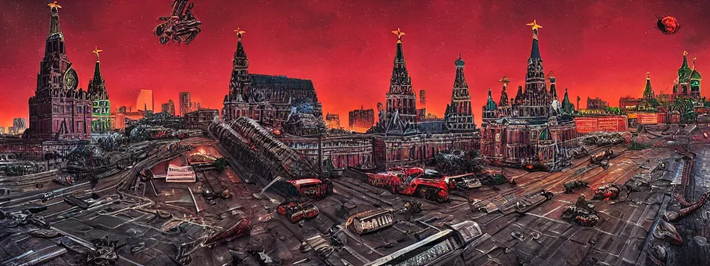 Prompt: alien predator staying on moscow red square. extreme long shot. art by ivan shihskin. extremely high detail