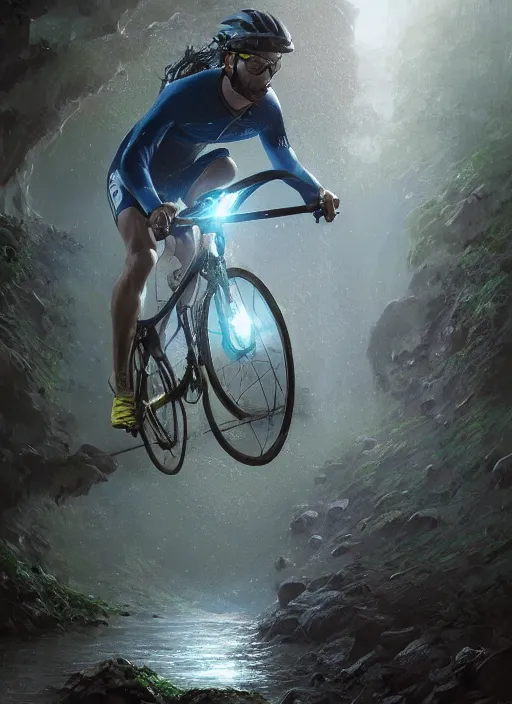 Prompt: a man with curly hair and round glasses wearing an aero helmet while riding a gravel bike with two water bottles, fantasy, digital painting, volumetric light, intricate, sharp, focus, bloom, illustration, highly detailed, concept art, matte, ruan jia, randy vargas, greg rutkowski