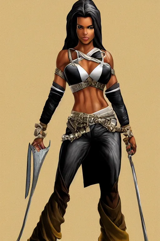 Prompt: fantasy character portrait photo. imposingly tall, broadshouldered, muscular woman. half black half arab. dark skin. face like kendall jenner, dark complexion. hair has white stripe white streak in hair over left ear. modest practical buckskin leather clothing. fully dressed. massively jacked physique. in her 3 0's. ranger. female. clothed.