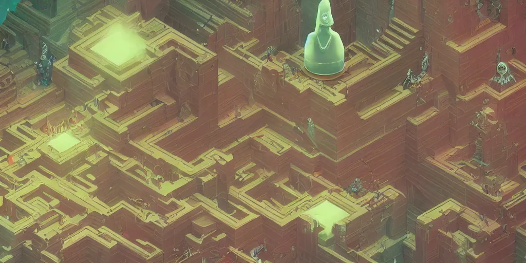 Image similar to isometric portrait of advanced alien, his last moment, mystical, technology meets fantasy, map, infographic, concept art, art station, style of monument valley, giger, wes anderson