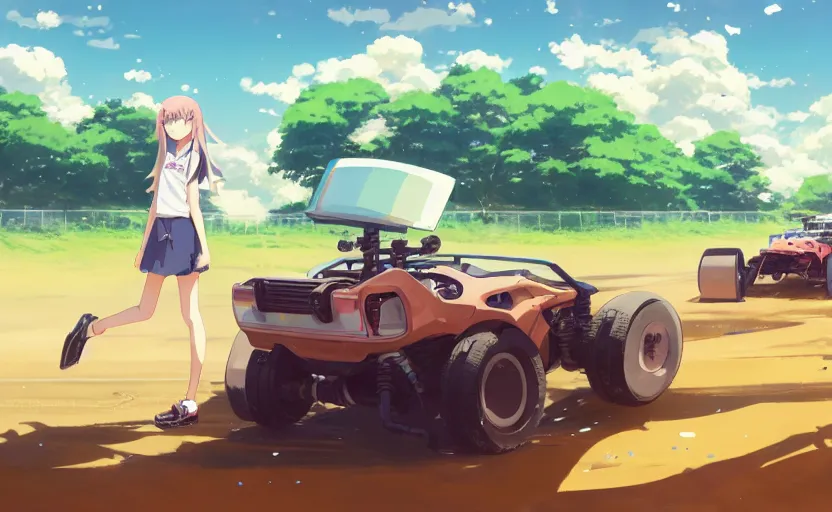 Prompt: a high school girl launch a mini 4 wd, clear summer sky background, dirt and luch landscape, illustration concept art anime key visual trending pixiv fanbox by wlop and greg rutkowski and makoto shinkai and studio ghibli and kyoto animation, tamiya cars, scale race circuit, backlit