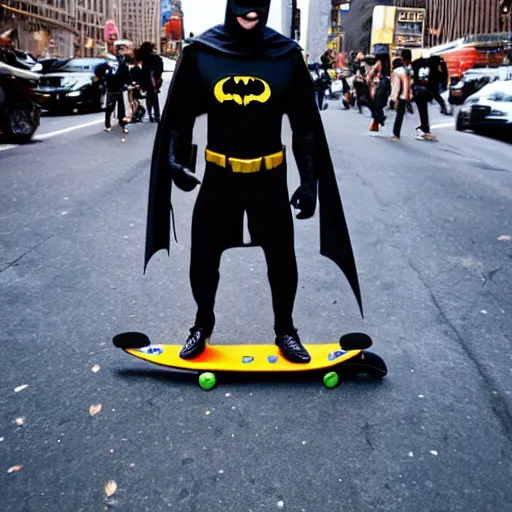 Prompt: Batguy, cheap knockoff of batman, riding his batskateboard in new york