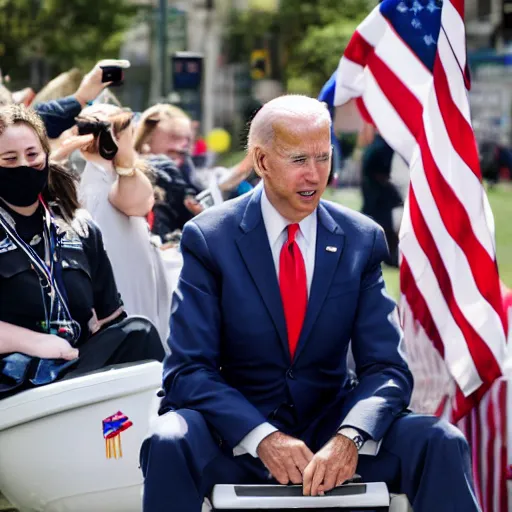 Prompt: Photo of Joe Biden riding a toilet at the front of a parade, taken with a Canon EOS 5D.