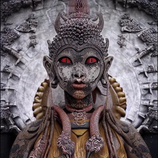 Image similar to naraka buddhist demon korean female, highly detailed, symmetrical long head, smooth marble surfaces, detailed ink illustration, raiden metal gear, cinematic smooth stone, deep aesthetic, concept art, post process, 4 k, carved marble texture and silk cloth, latex skin, highly ornate intricate details, in the style of 8 8 grzes