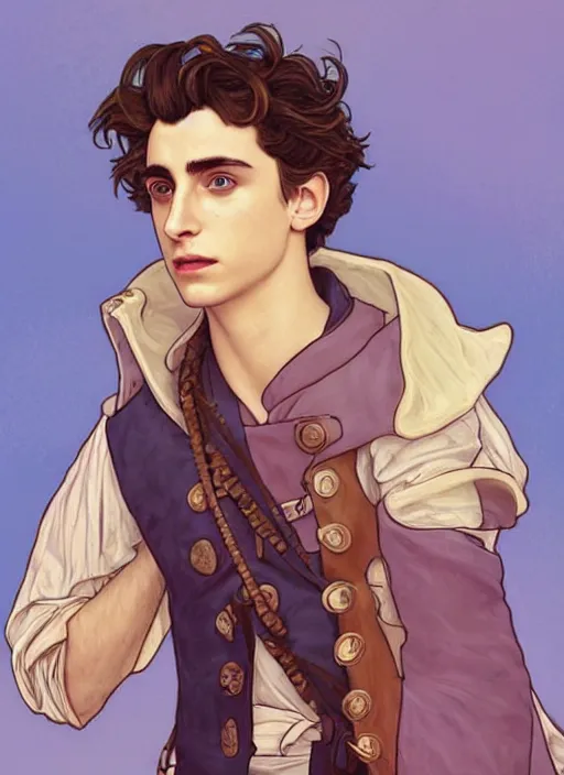 Image similar to cute timothee chalamet as a pirate captain. parrot on his shoulder, natural lighting, path traced, highly detailed, high quality, beautiful digital painting, by don bluth and ross tran and studio ghibli and alphonse mucha, artgerm