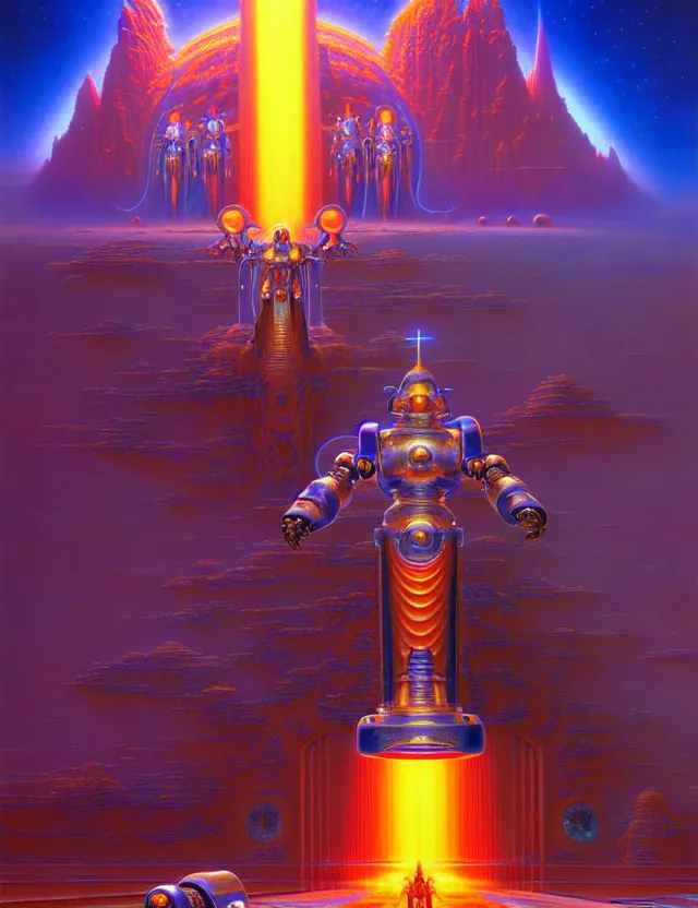 Prompt: holy saint aura battle robot award winning portrait symmetry faded tetrachromacy colors astral background tim hildebrandt wayne barlowe bruce pennington donato giancola larry elmore masterpiece trending on artstation cinematic composition beautiful lighting hyper detailed!!! 8 k oil on canvas