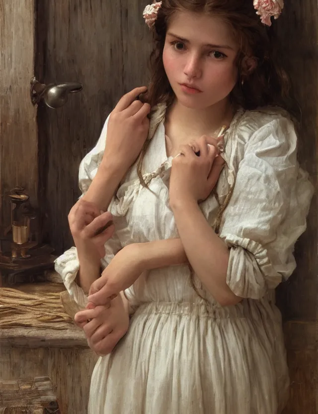 Prompt: girl peasant girl with décolleté showing shhh 🤫 sign, portrait , lolita aesthetics, Cottage, Cinematic focus, Polaroid photo, vintage, neutral colors, soft lights, foggy, by Steve Hanks, by Serov Valentin, by lisa yuskavage, by Andrei Tarkovsky, by Terrence Malick, 8k render, detailed, oil on canvas