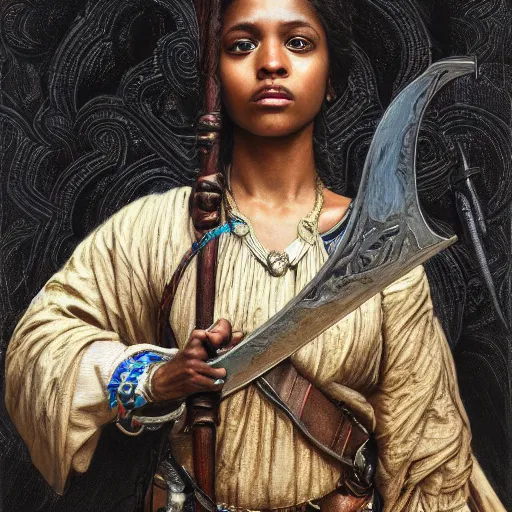 Image similar to artstation concept of a beautiful girl holding a sword in both hands, brown skin, sweaty skin, symmetrical face, casual white garment, brown canyon background, shiny colorful, hyperdetailed, artstation trending, world renowned artists, worth1000.com, historic artworks society, antique renewel, cgsociety, by greg rutkowski, by Gustave Dore, Deviantart