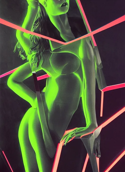 Prompt: futuristic fine lasers tracing, data visualization, cyberpunk bodysuit, tesseract, laserpunk, blindfold pyramid visor, rain, wet, oiled, sweat, girl pinup, by steven meisel, james jean and rolf armstrong, geometric cubist perfect geometry abstract acrylic and hyperrealism photorealistic airbrush collage painting with monochrome and neon fluorescent colors, 1 9 8 0 s eros