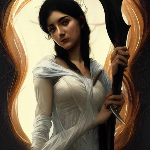 Image similar to portrait, woman with black hair called the lady of ash wielding a sword, elegant, digital illustration, fire magic, detailed, intricate, sharp focus, digital painting, deep focus, digital painting, artstation, concept art, matte, art by artgerm and greg rutkowski and alphonse mucha