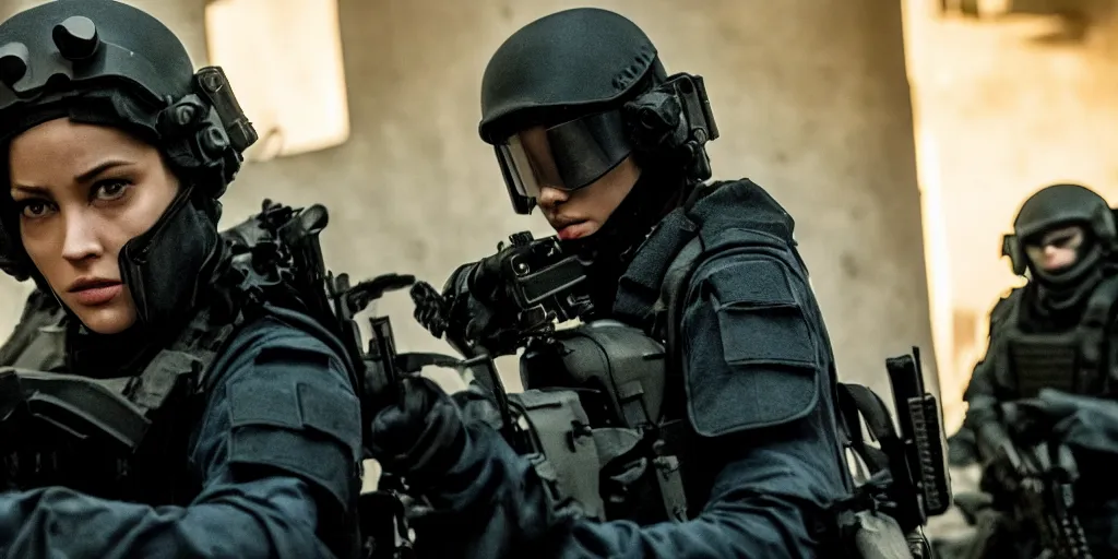 Image similar to vfx film, swat team squad crew, breach and clear, gang house, flat color profile low - key lighting award winning photography arri alexa cinematography, cinematic beautiful natural skin, famous face, atmospheric cool color - grade