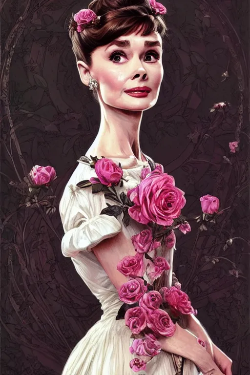 Image similar to audrey hepburn dressed in a victorian roses dress fashion, D&D, fantasy, intricate, elegant, highly detailed, digital painting, artstation, concept art, matte, sharp focus, illustration, art by Artgerm and Greg Rutkowski and meredit frampton and Alphonse Mucha