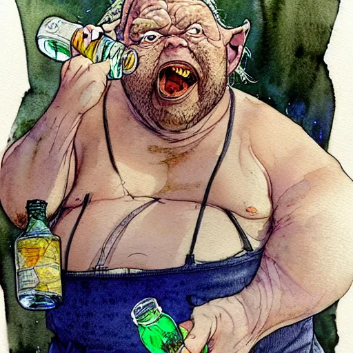 Image similar to a realistic and atmospheric watercolour fantasy character concept art portrait of a fat sleazy homeless yoda wearing a wife beater drinking out of a broken bottle, by rebecca guay, michael kaluta, charles vess and jean moebius giraud