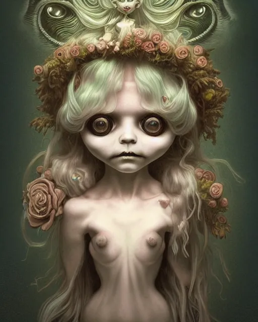 Image similar to one singular portrait of a cute bioluminescent creepy doll, post grunge, highly detailed, digital painting, cinematic, hyper realism, dark retrowave, art by mark ryden and pixar and artgerm and magali villeneuve and alphonse mucha, artstation, octane render, cgsociety