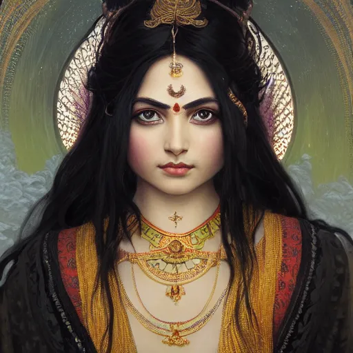 Image similar to Portrait of an hindu goddess with platinum black hair, western, D&D, fantasy, intricate, elegant, highly detailed, digital painting, artstation, concept art, matte, sharp focus, illustration, art by Artgerm and Greg Rutkowski and Alphonse Mucha