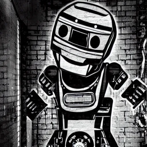 Image similar to chappie robot graffiti, black and white zef design graffiti on the wall, dark lighting, digital art