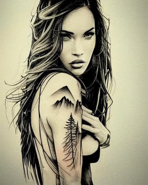 Image similar to creative double exposure effect tattoo design sketch of megan fox with beautiful mountains, realism tattoo, in the style of matteo pasqualin, amazing detail, sharp