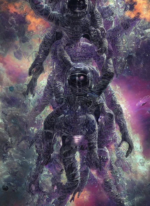 Image similar to astronauts in the dark infinite underwater void - complex and hyperdetailed technical suit, fabric material. reflection and dispersion materials. rays and dispersion of light. volumetric light. wide angle, f / 3 2. noise film photo. flash photography. ultra realistic, wide angle. poster by wayne barlowe, hajime sorayama aaron horkey, craig mullins