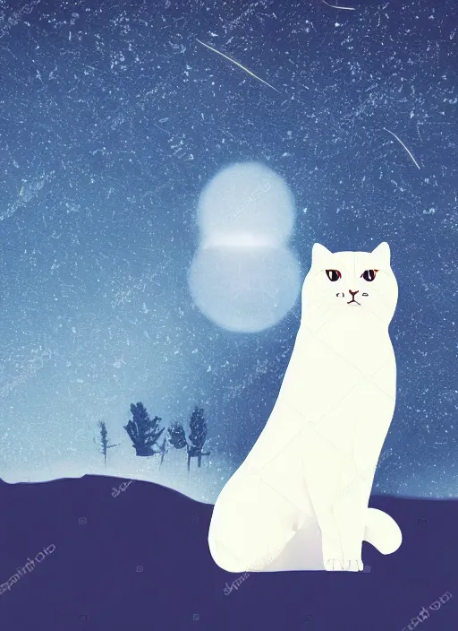 Image similar to giant white cat on a snowy mountain with lightning coming out of its paws, blue sky background with moon