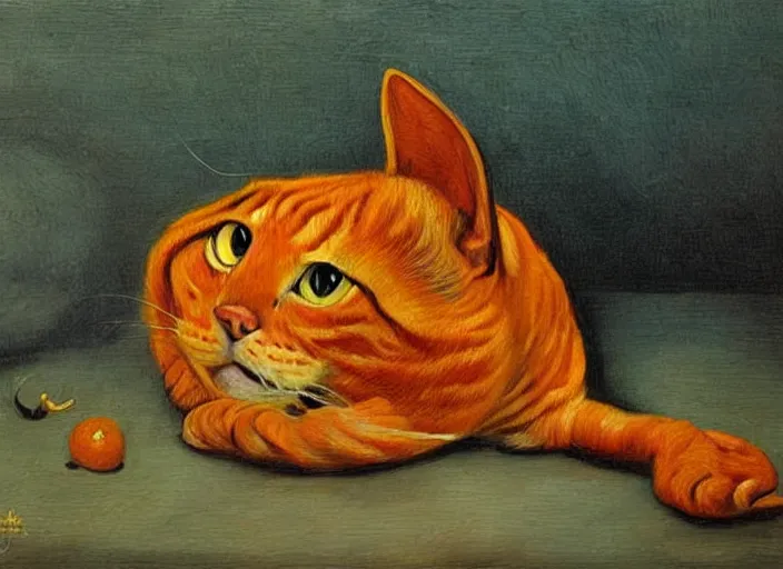 Image similar to detailed realistic realism painting of lasagna with the face of an orange tabby cat, at dusk, in the style of vincent van gogh and salvador dali and leonardo da vinci