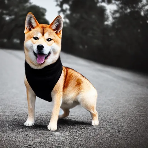 Image similar to ultra realistic Photogragraph from a Shib Inu wear a black hoodie