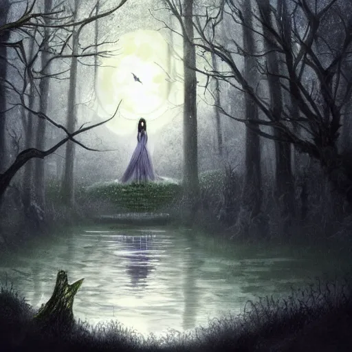 Image similar to highly realistic scenic painting of a towering misty dark fantasy forest surrounding a pond, a rusalka sits on the roots of an ancient tree looking up at the moon, spooky fog, looming trees, beautiful fantasy painting hd