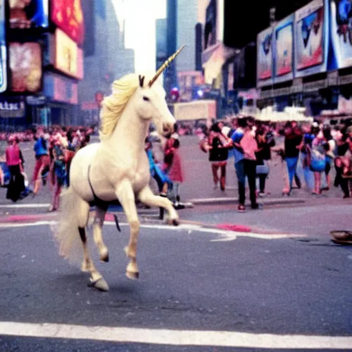 Image similar to a vivid photo of a unicorn galloping through times square in the 8 0 s