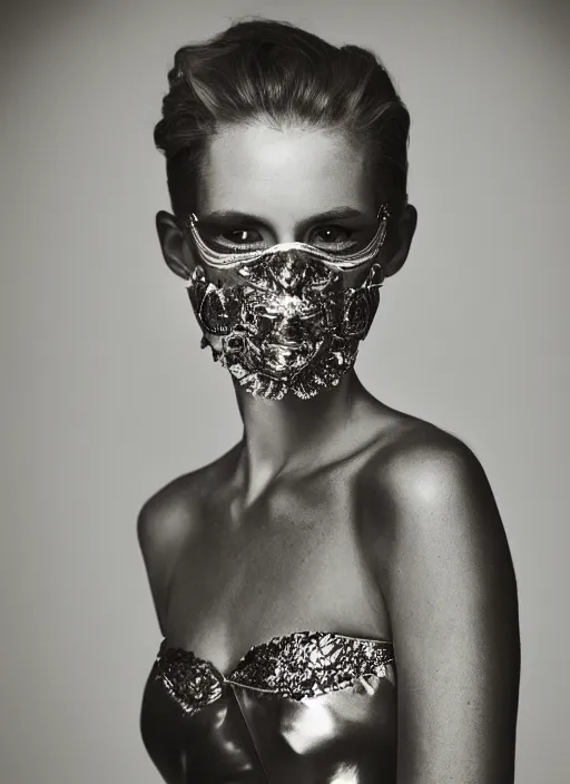 Prompt: a fashion portrait photograph of a woman wearing a high fashion mask art directed by Alexander McQueen, 35mm, pentax, studio lighting