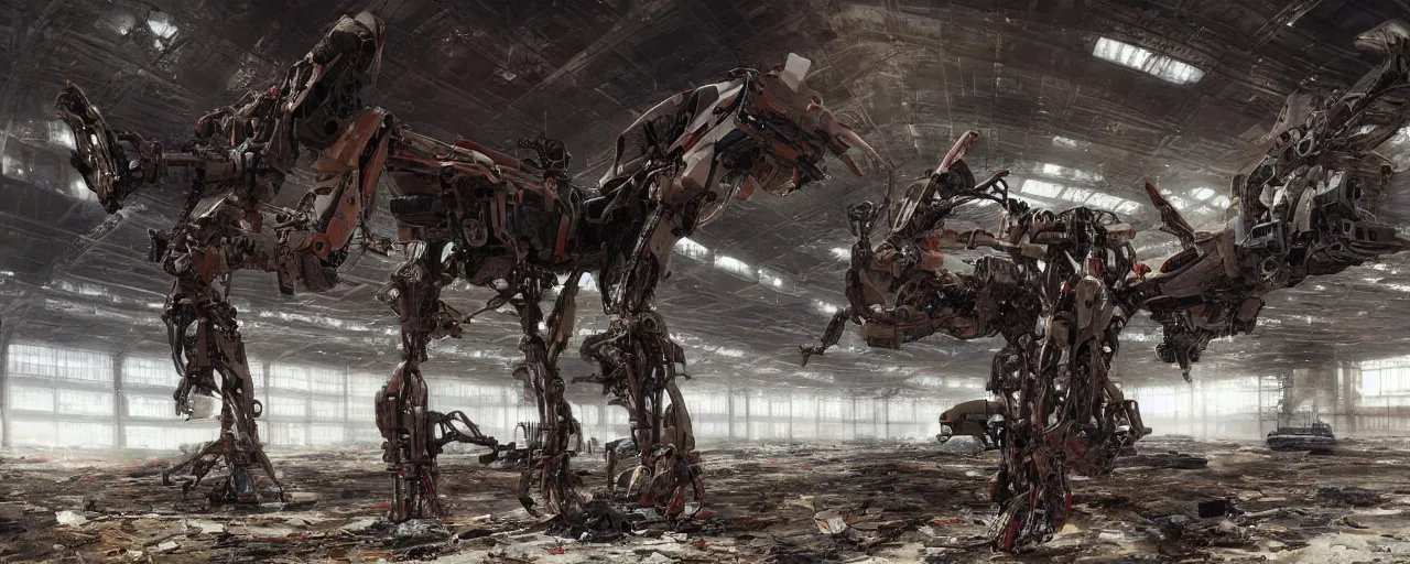 Prompt: a single stripped of parts futuristic mech carcass exoskeleton metal frame inside an old huge dusty abandoned hangar, rust, artstation, by george hull