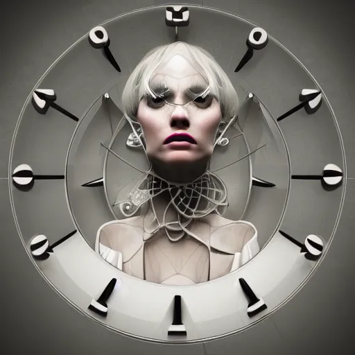 Image similar to surreal futuristic 3 d render of a beautiful mysterious woman with a clock head splintering into shards, white warm color theme, in the style of beeple