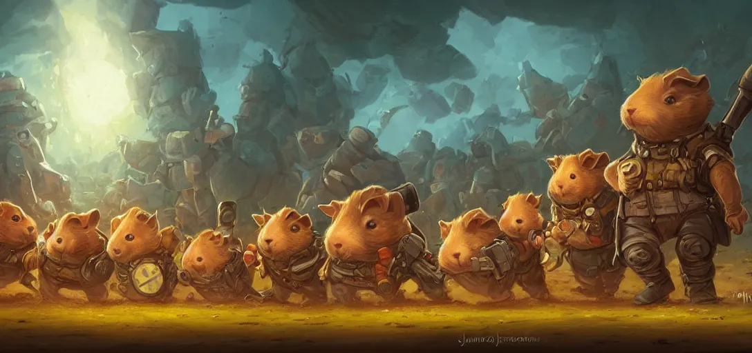 Image similar to cute little anthropomorphic Guinea Pig army marching with Nuclear!! explosion in the backgroung, ultra wide lens shot , tiny, small, short, cute and adorable, pretty, beautiful, DnD character art portrait, matte fantasy painting, DeviantArt Artstation, by Jason Felix by Steve Argyle by Tyler Jacobson by Peter Mohrbacher, cinematic lighting