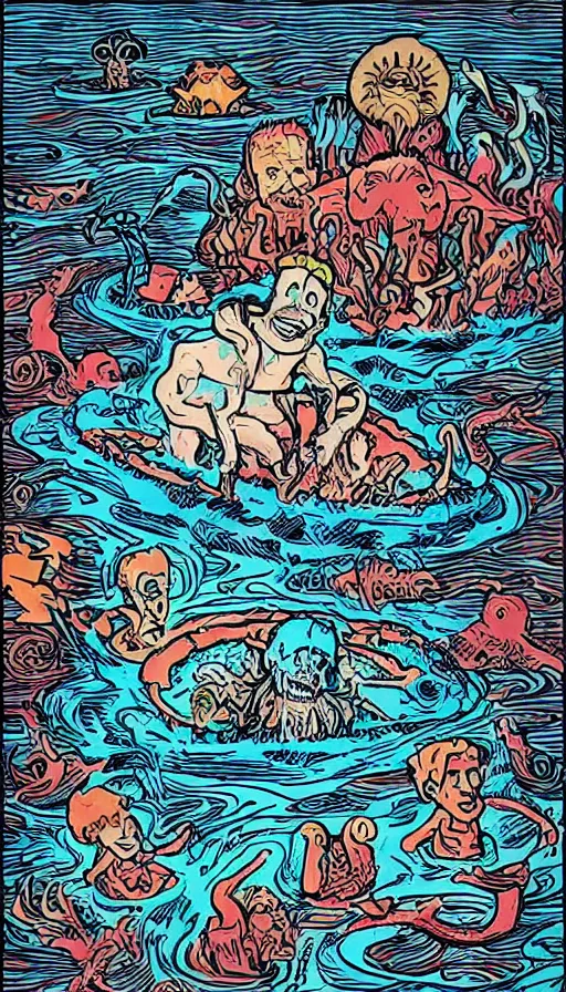 Prompt: man on boat crossing a body of water in hell with creatures in the water, sea of souls, by rebecca sugar