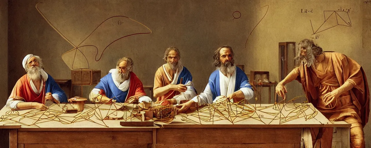 Image similar to the greek mathematician euclid discovering geometry with spaghetti, 3 0 0 bce, kodachrome, in the style of wes anderson, retro