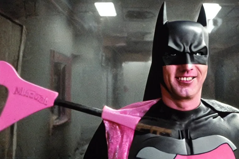 Prompt: michael keaton batman covered in beer wearing pink apron wielding an axe, chasing through old brown decrepit hallway, creepy smile, atmospheric eerie lighting, photorealistic face, dim lighting, bodycam footage, motion blur, photography