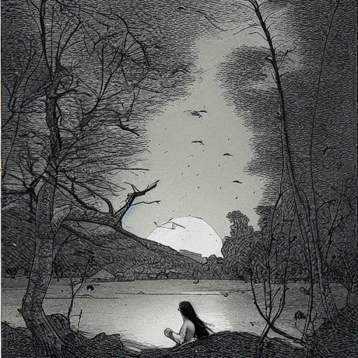 Prompt: a beautiful woman at a lake, forest, dark clouds, moon, nightsky, moonrays, shadows, high detail, illustration by Gustav Doré