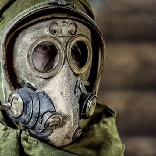 Prompt: russian soldier in gas masks found the last alive ukrainian after a nuclear war, skin damaged by, nuclear fallout everywhere