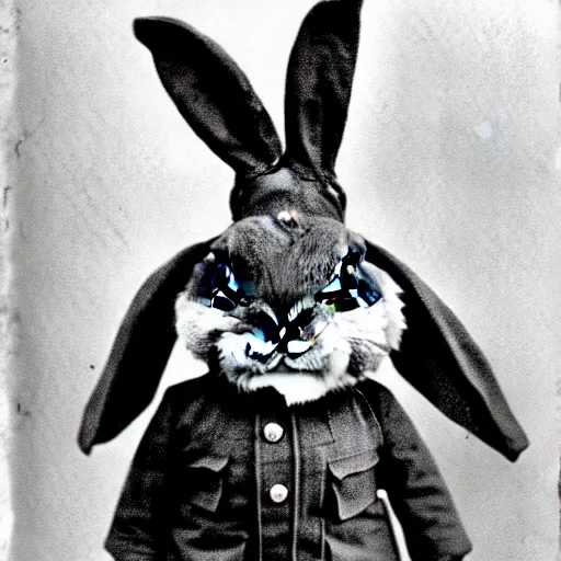 Prompt: a rabbit wearing a ww1 uniform, black and white grainy photograph