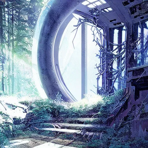 Image similar to stairs leading to a derelict portal in a middle of a snowy lush futuristic forest, alien world seen through a portal, daylight, cinematic lighting, blue sky, syd mead, john harris