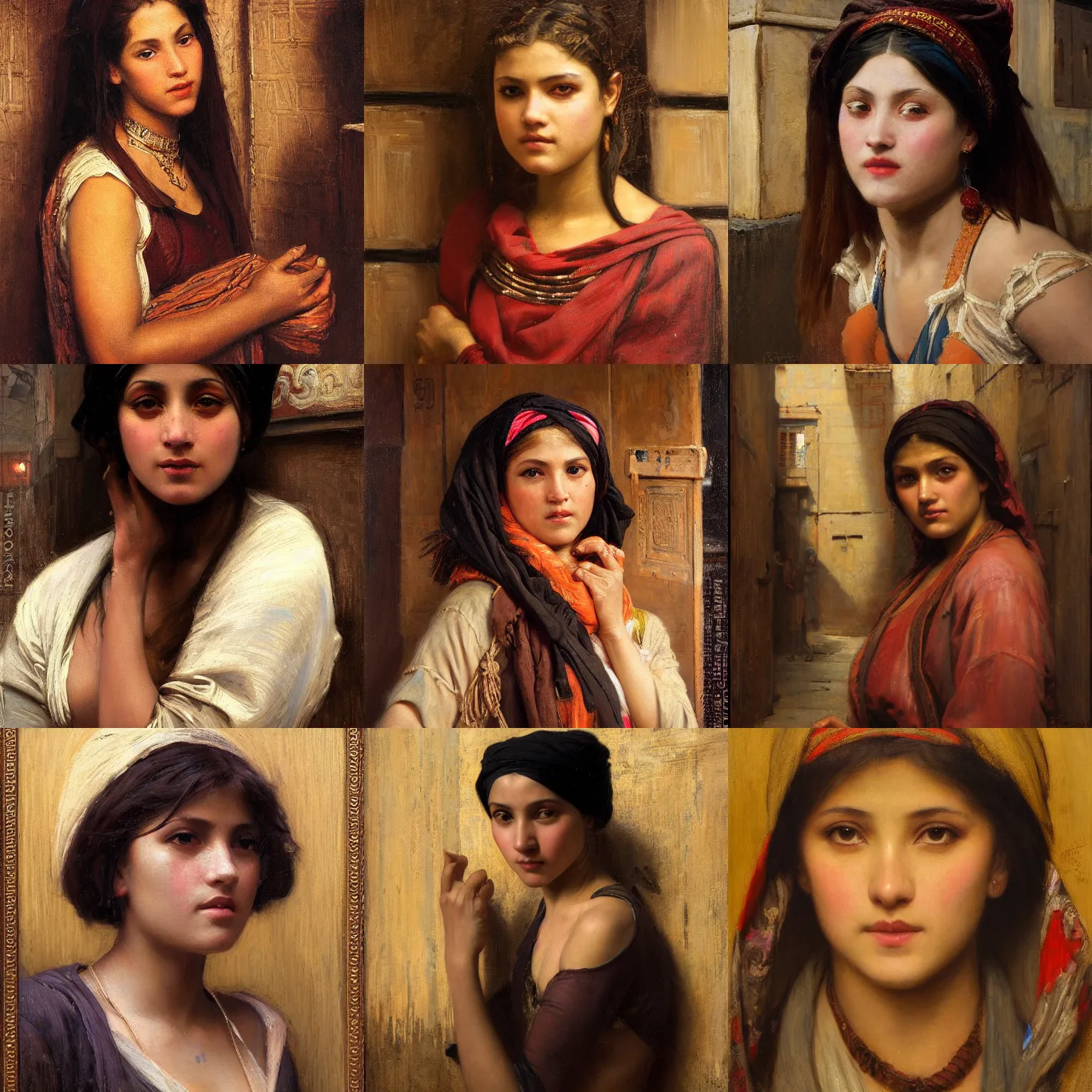 Prompt: orientalism face portrait of a cute female thief in a filthy alleyway by Edwin Longsden Long and Theodore Ralli and Nasreddine Dinet and Adam Styka, masterful intricate artwork. Oil on canvas, excellent lighting, high detail 8k