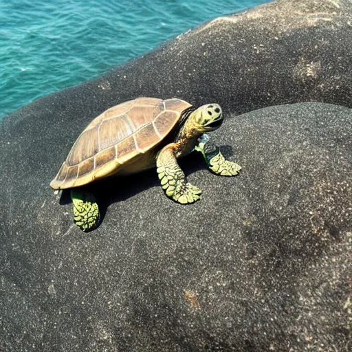 Prompt: a turtle on a rock looking at the sea, macro 8mm photo, the camera is behind the turtle