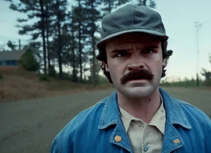 Image similar to film still of jim hopper as steve harrington in stranger things, 8 k