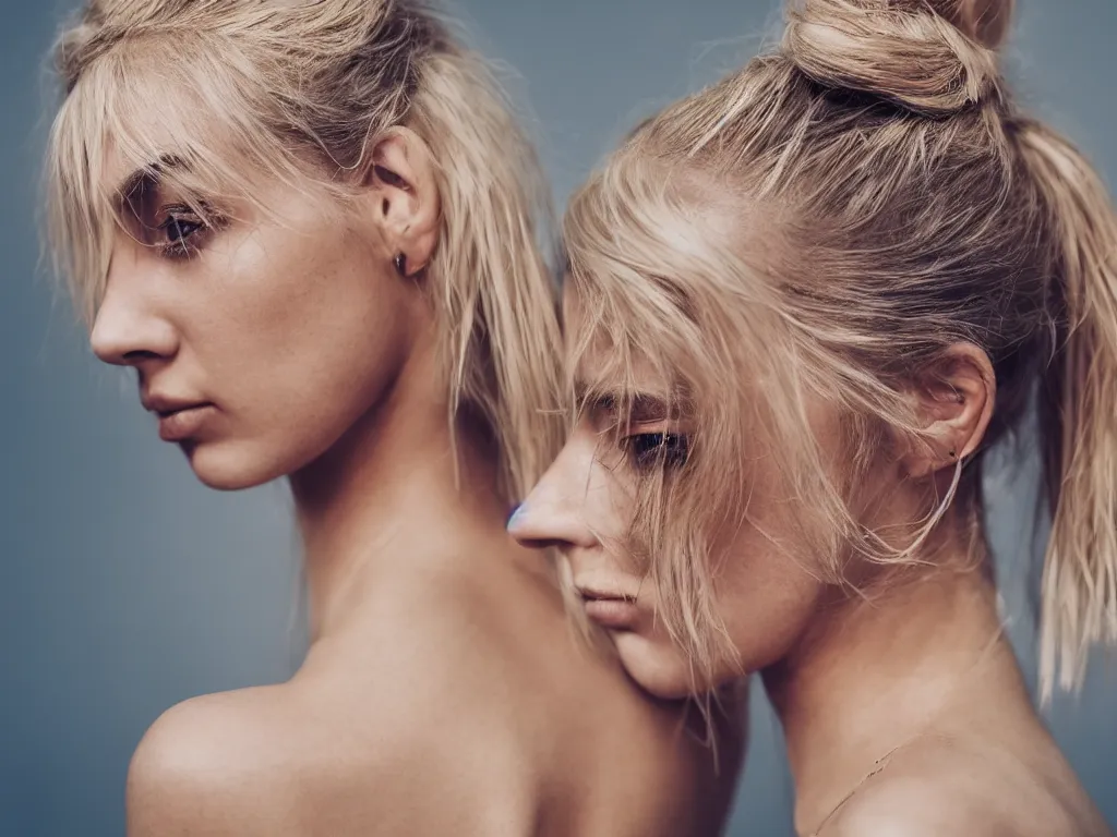 Prompt: photorealistic head and shoulders photo of beautiful blonde girl with messy bun facing away from the camera, 3 5 mm, confident, tattoos, octane render, bokeh, 4 k, fashion pose, cinematic, national geographic photo shoot,