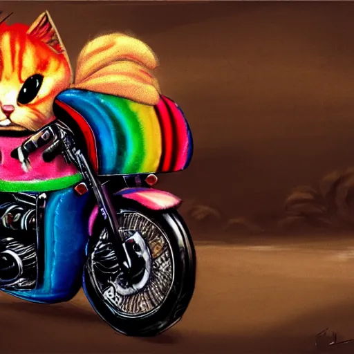 Image similar to wide angle full body, jacket wearing fluffy cute rainbow kitten wearing a black leather motorcycle jacket, riding on a motorcycle, cinematic concept art