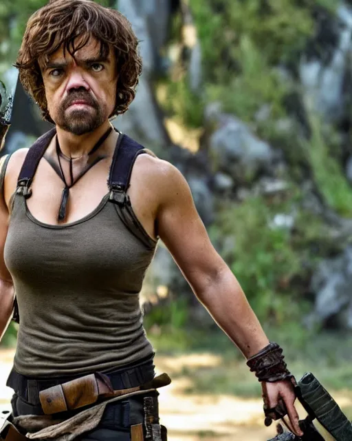 Image similar to peter dinklage as lara croft, golden hour, cinematic