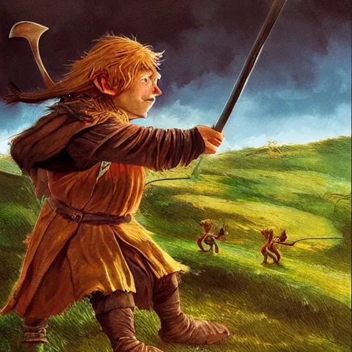 Prompt: A warrior hobbit swings a club at the head of a goblin. The rolling hills of the shire are in the background. Digital fantasy art by Anato Finnstark and Alan Lee.