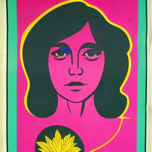 Image similar to 70s graphic design poster with a woman’s face, flower child, groovy, retro, hippie, pink tones