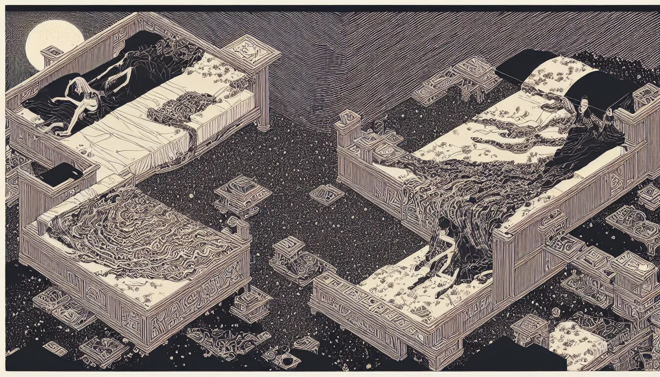 Image similar to king - size bed by woodblock print, nicolas delort, moebius, victo ngai, josan gonzalez, kilian eng