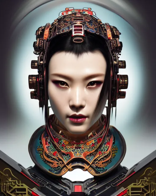 Image similar to portrait of a cyberpunk machine, machine face, upper half portrait, decorated with chinese opera motifs, asian, fine china, traditional chinese art, intricate, elegant, highly detailed, symmetry, headpiece, digital painting, artstation, concept art, smooth, sharp focus, illustration, art by artgerm and greg rutkowski and alphonse mucha, 8 k