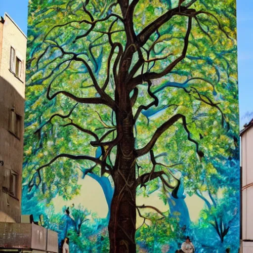 Prompt: tree mural by Charley Case