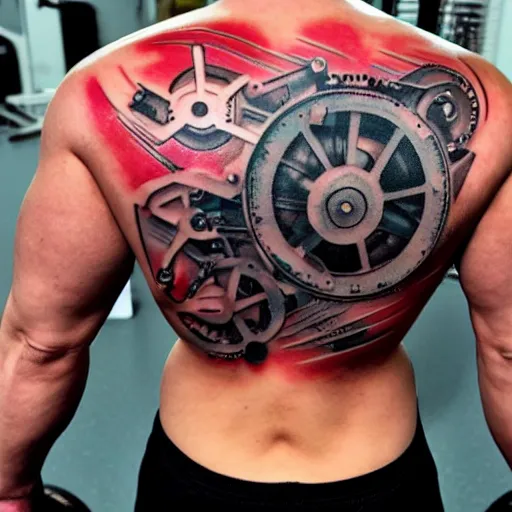 Prompt: shoulder backside bottom glute maximus with tattoo of a 3 d hole in the skin with a shiny multicolored metallic robotic mechanics and gears and tubes inside under the skin, insanely integrate,